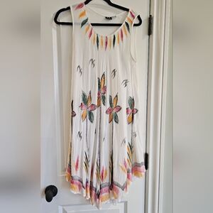 S R Fashion White Floral Handkerchief Hem Sundress with Pink, Yellow & Green